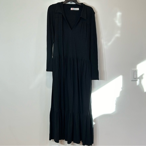 Free People Beach v neck collared long sleeve tiered maxi dress black oversized - Picture 1 of 7
